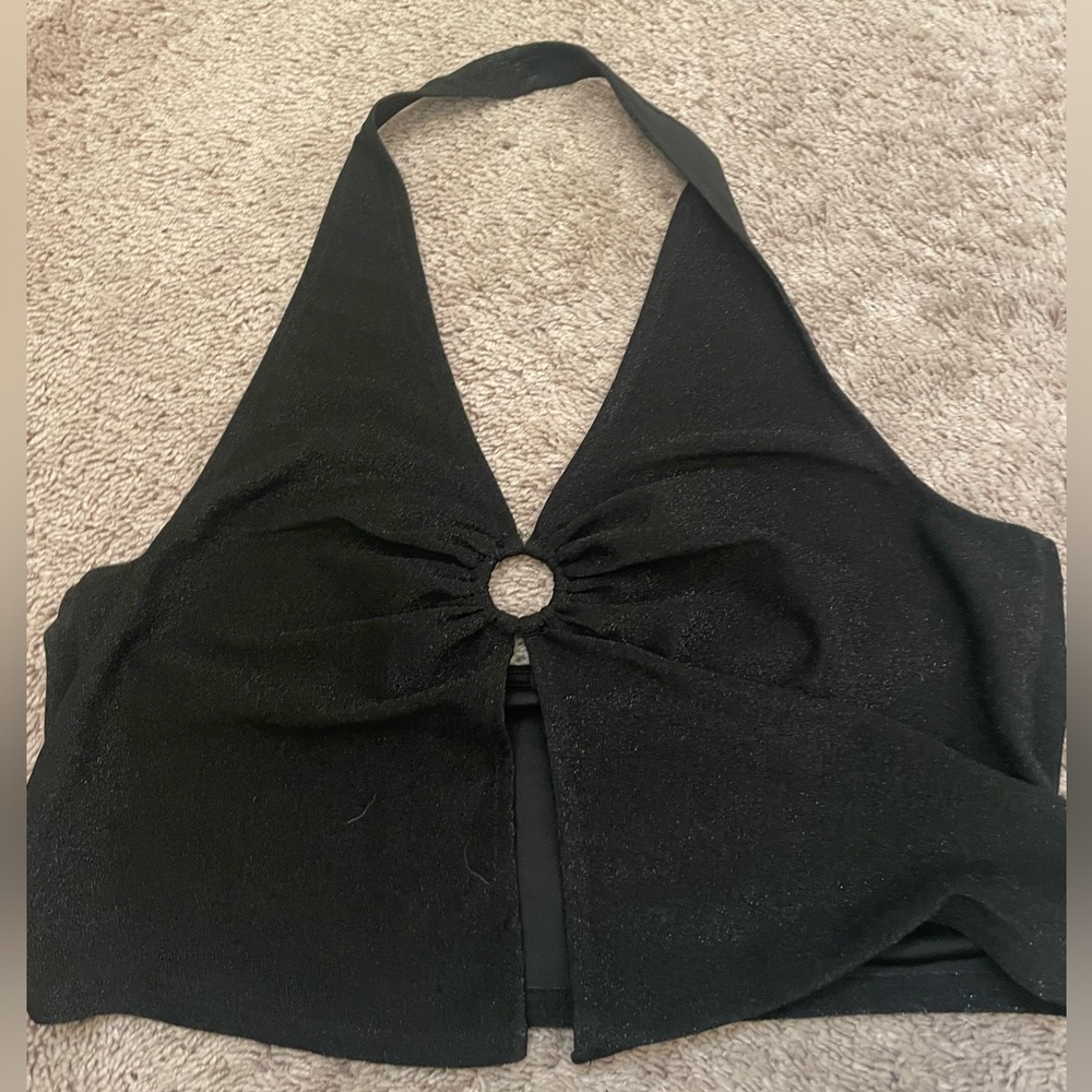 Black shimmery halter top with front slit opening